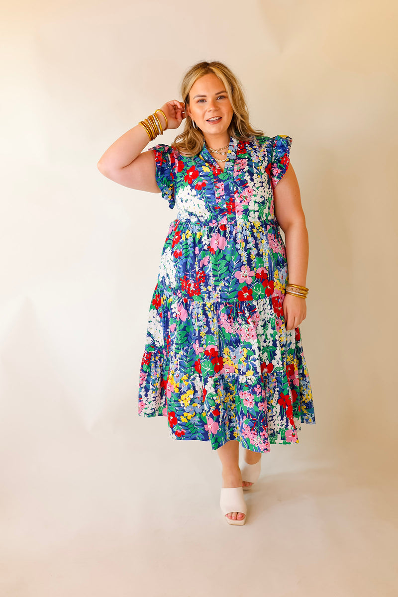 Magnolia Morning Floral Ruffle Cap Sleeve Tiered Midi Dress in Blue