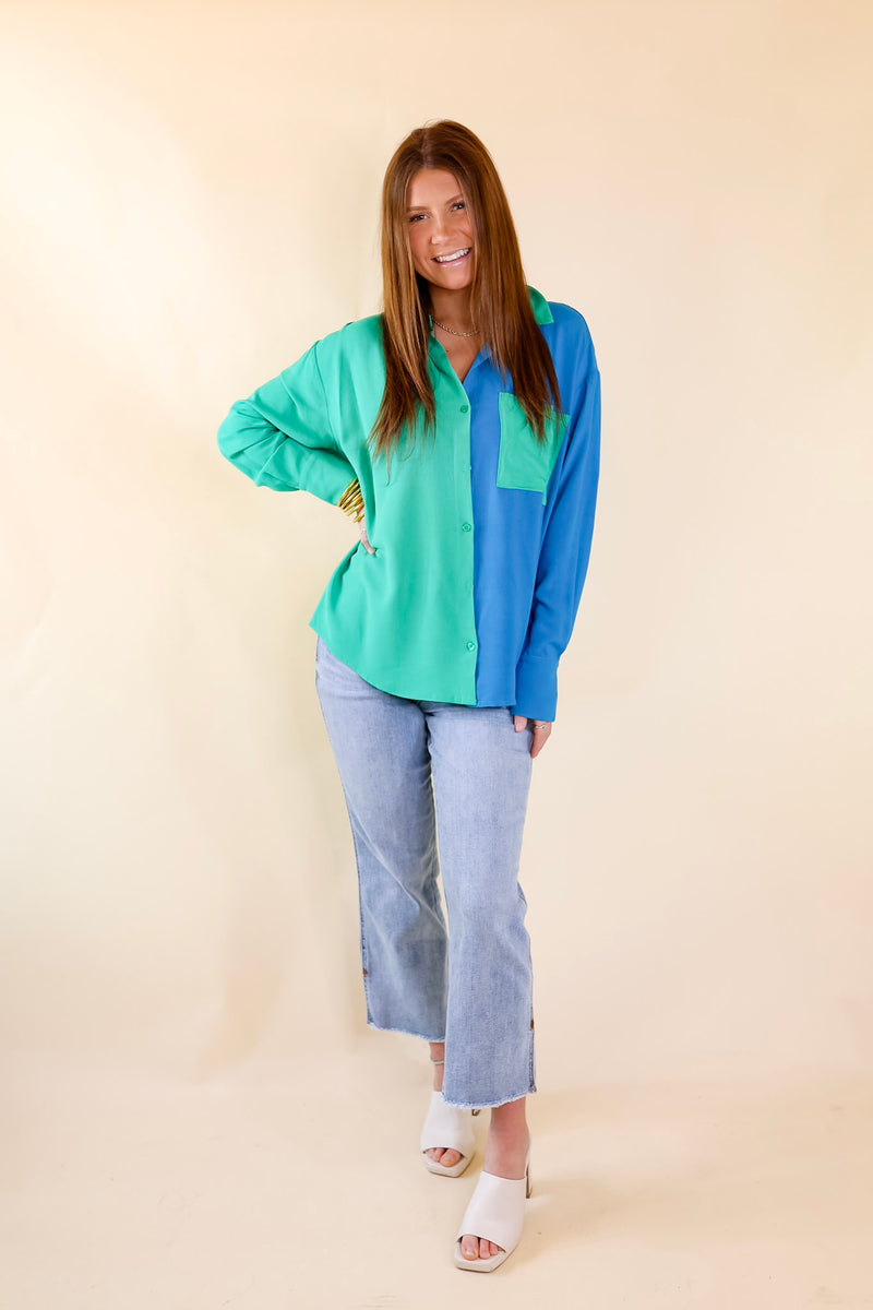 Play It Up Color Block Button Up Top in Blue and Green