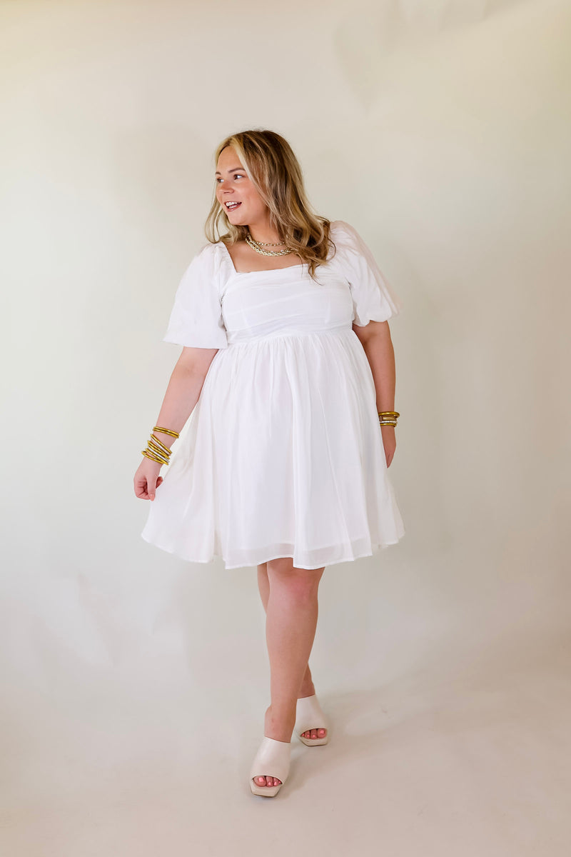 Livin Free Off The Shoulder Pleated Dress With Puffed Sleeves in White