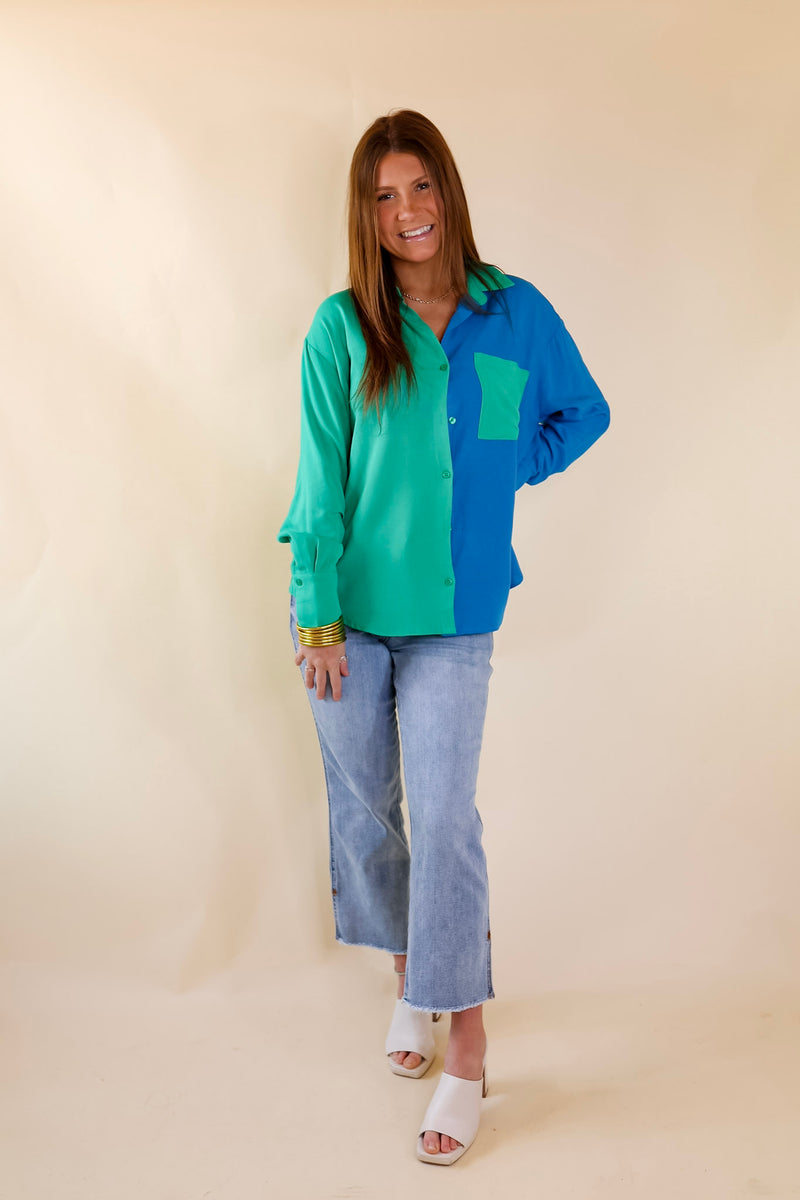 Play It Up Color Block Button Up Top in Blue and Green