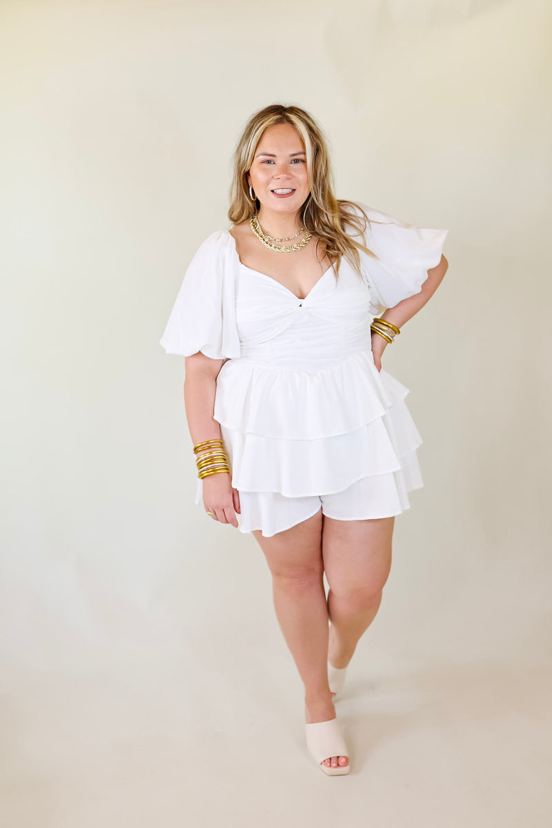 I Want It All Tiered Romper With Puffed Sleeves In White