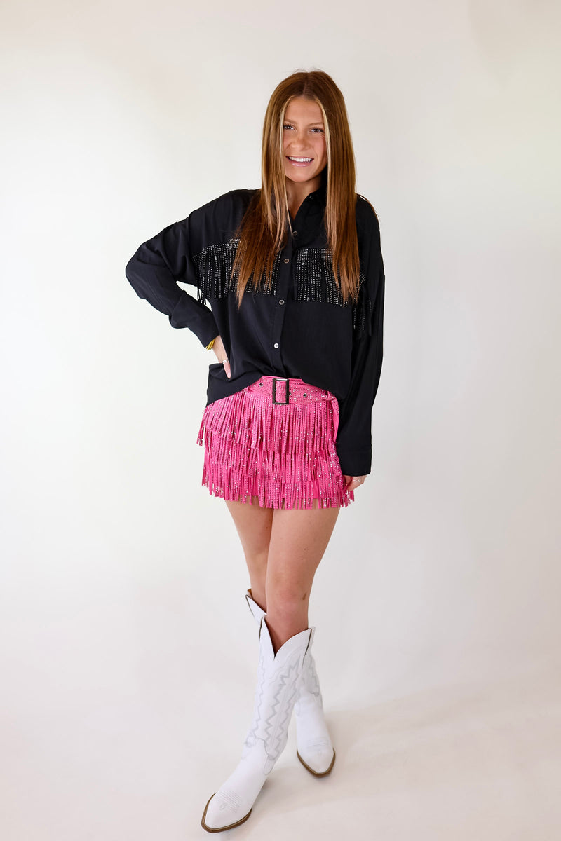 All That Shimmers Crystal Fringe Button Up Top with Long Sleeves in Black