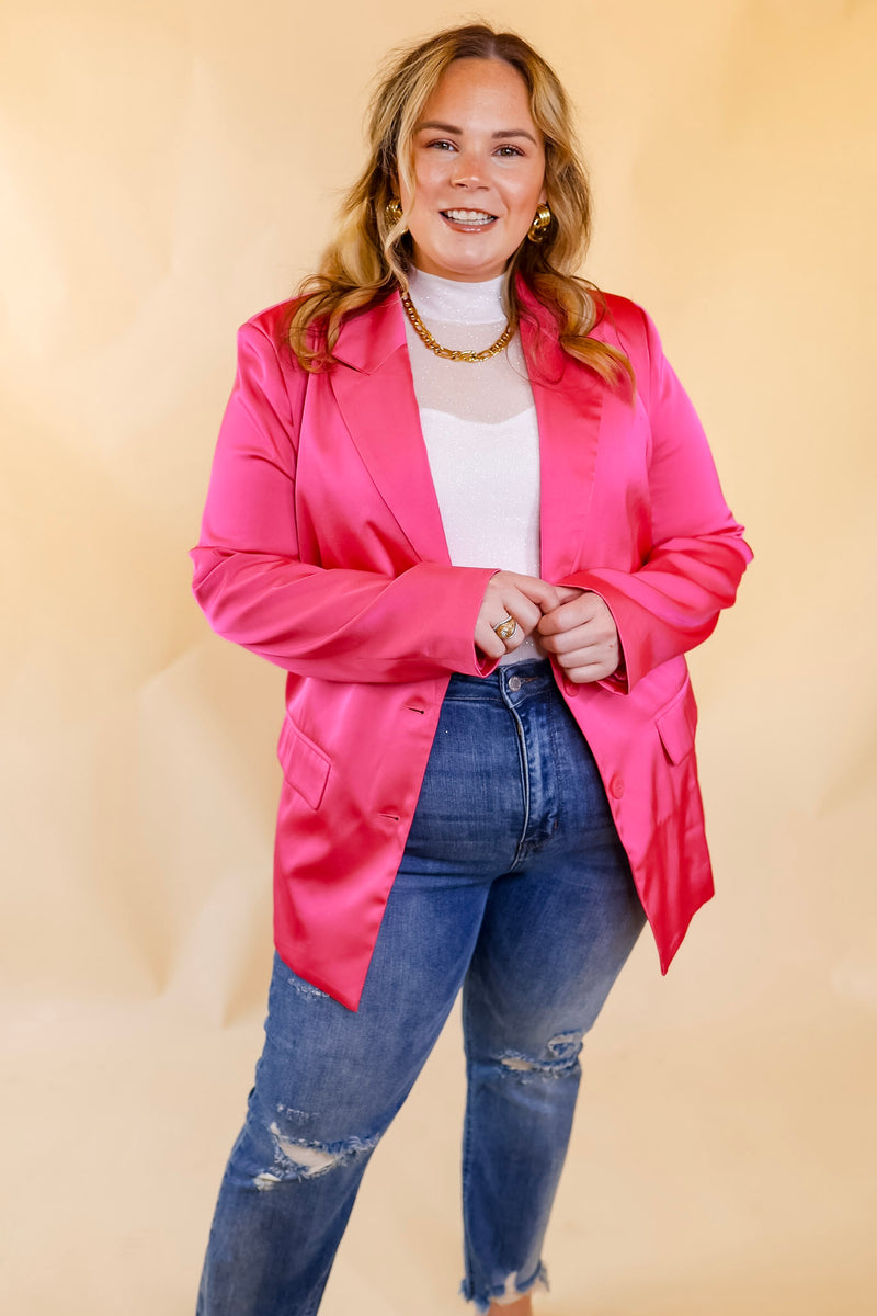 Touch Of Luxury Long Sleeve Satin Blazer in Hot Pink