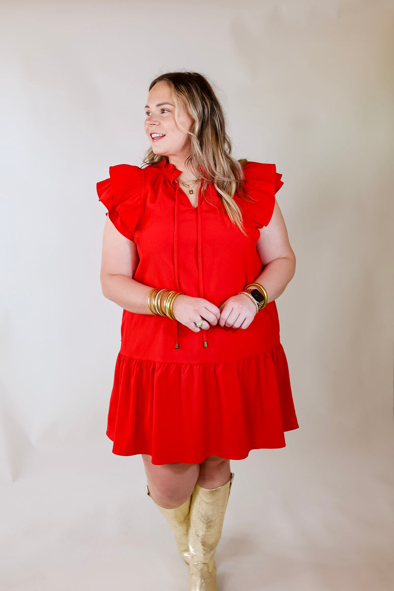 Powerful Love Ruffle Cap Sleeve Dress with Keyhole and Tie Neckline in Red