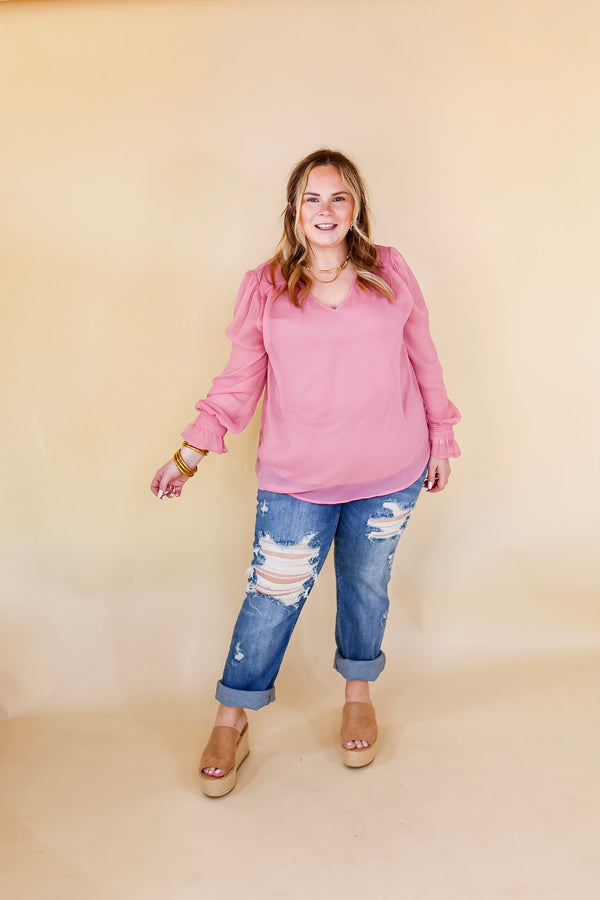 Casually Stunning V Neck Long Sleeve Blouse in Mauve Pink