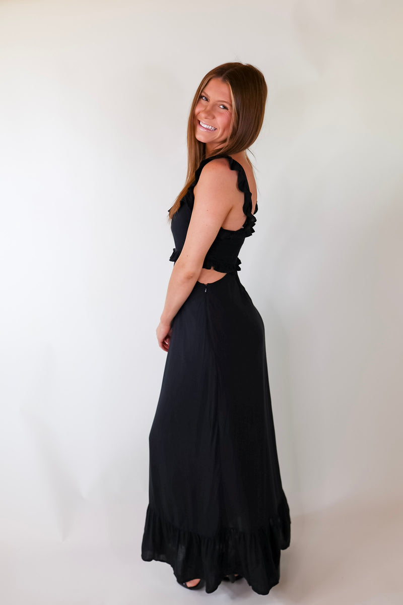 Talk About Beauty Tank Maxi Dress With Cutouts and Ruffles in Black
