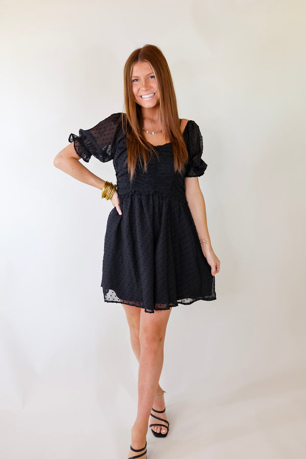 Favorite Adventure Swiss Dot Dress with Short Balloon Sleeves in Black