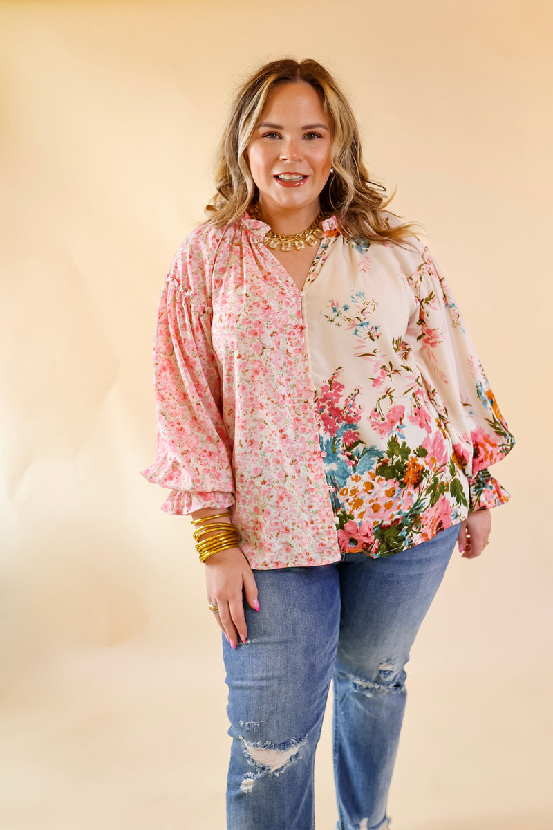 Tulip Time Floral Mix Print Button Up Blouse in Pink