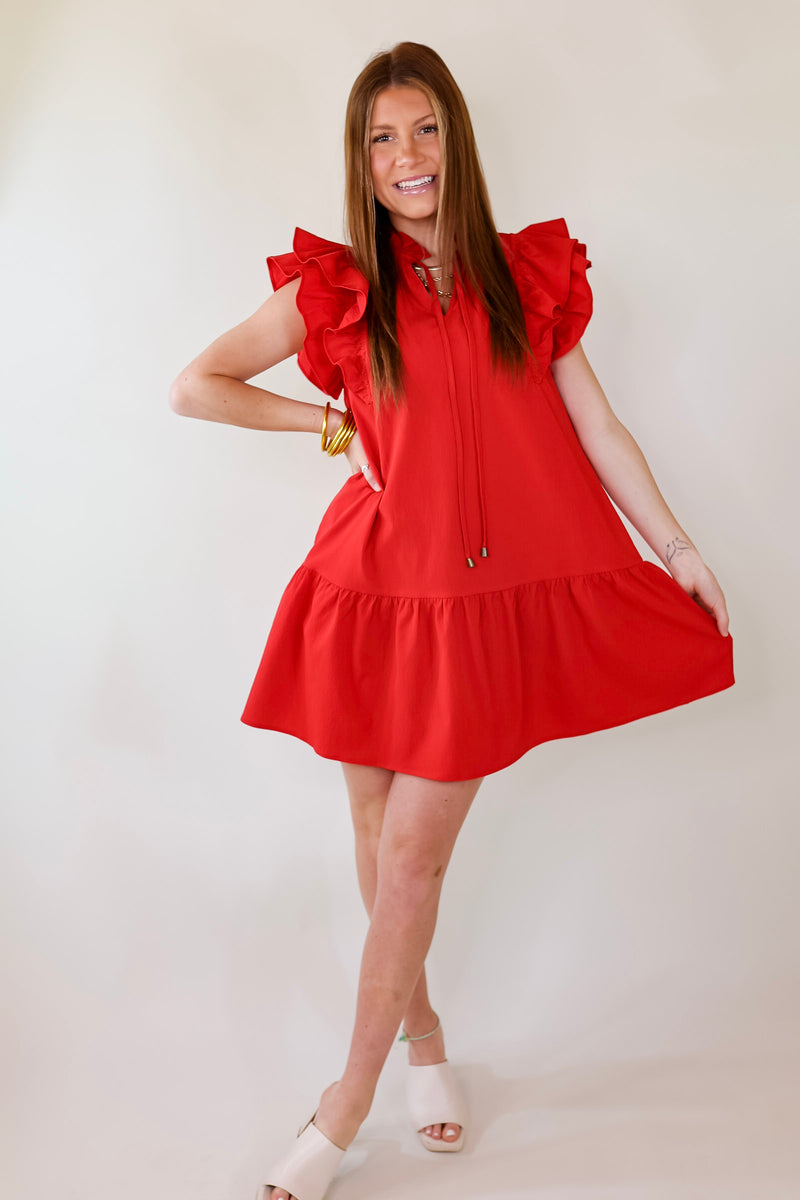 Powerful Love Ruffle Cap Sleeve Dress with Keyhole and Tie Neckline in Red