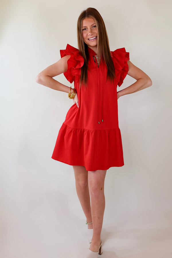 Powerful Love Ruffle Cap Sleeve Dress with Keyhole and Tie Neckline in Red