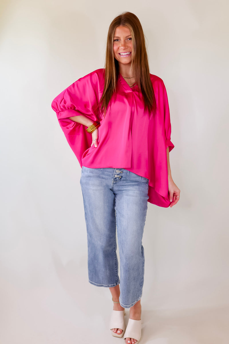 Irresistibly Chic Half Sleeve Oversized Blouse in Fuchsia Pink