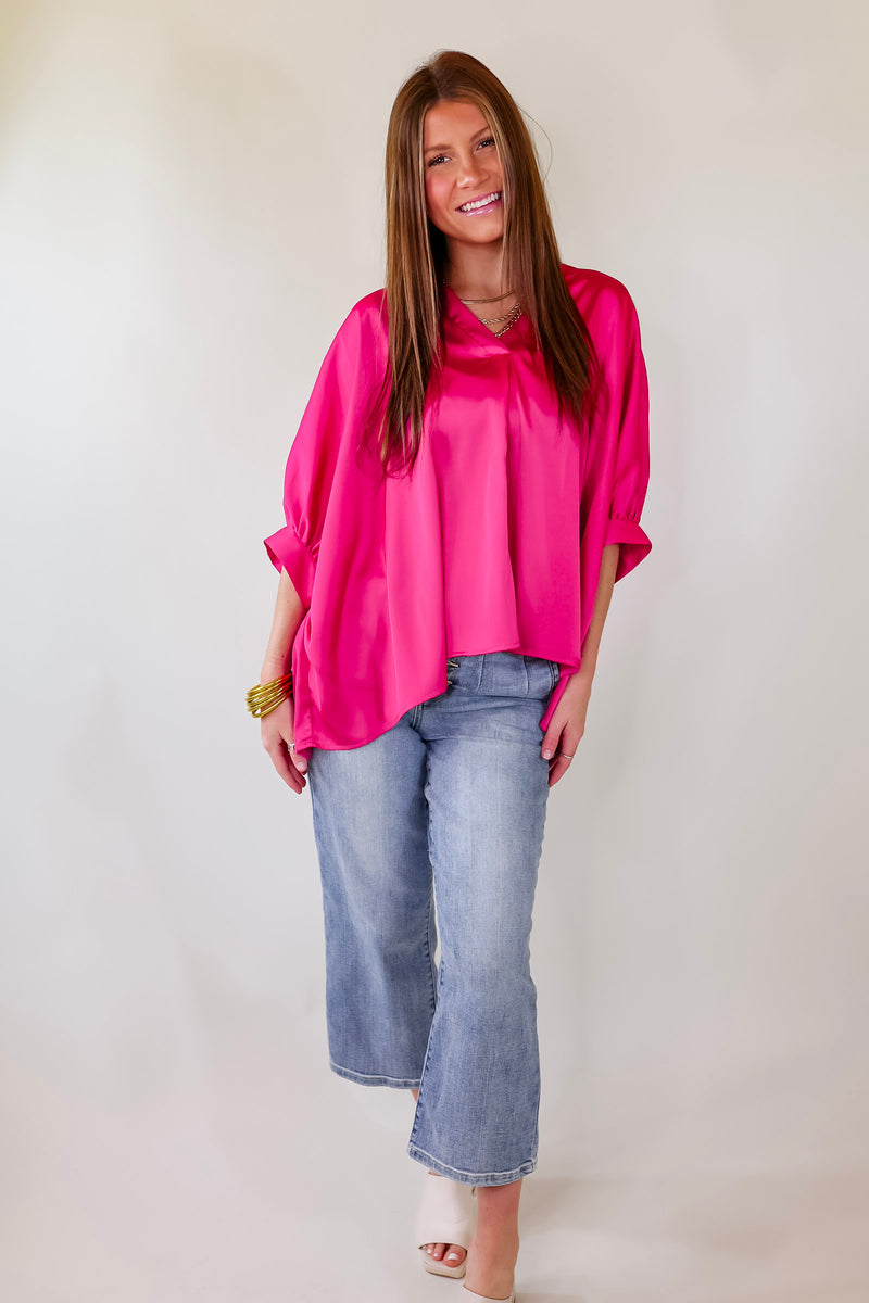 Irresistibly Chic Half Sleeve Oversized Blouse in Fuchsia Pink