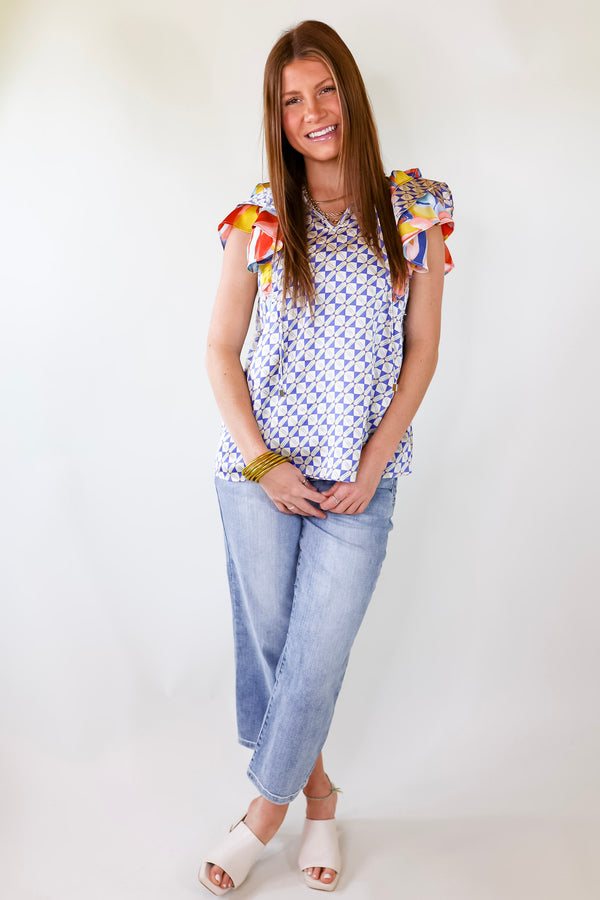 Blissful Expressions Ruffled Capped Sleeves and Tied Keyhole Neck Tee in Beige and Blue