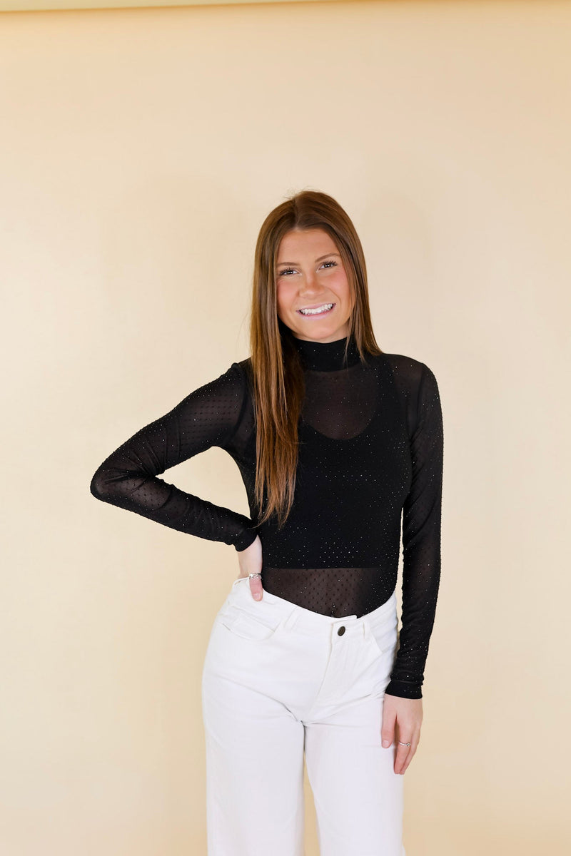 Try Your Luck Crystal Mesh Long Sleeve Bodysuit in Black