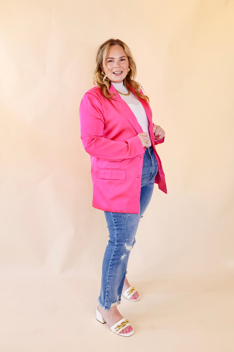 Touch Of Luxury Long Sleeve Satin Blazer in Hot Pink