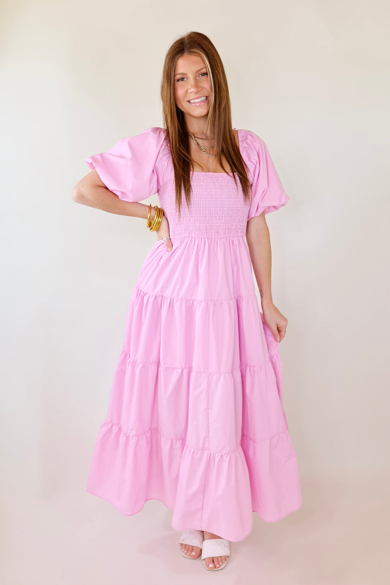 Santorini Sunshine Short Balloon Sleeve Maxi Dress in Light Pink