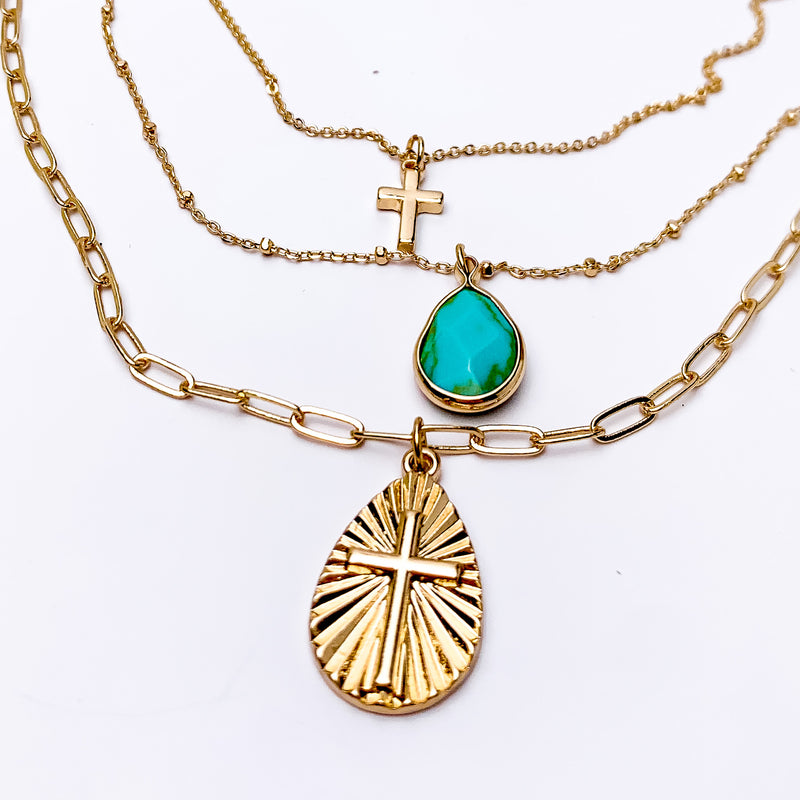 Three layered Gold Tone Necklace With Multiple Designed Charms
