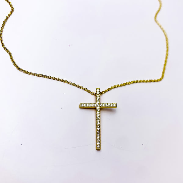 Gold Tone Necklace With Clear Crystal Cross Charm