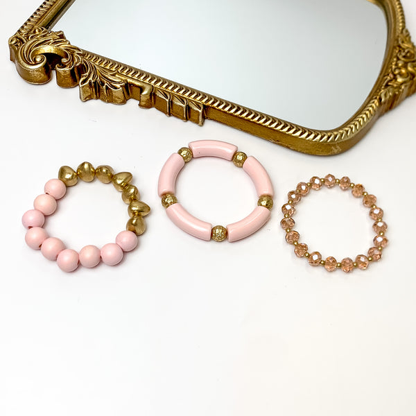 Set of Three | Island Dream Crystal and Marble Beaded Bracelet Set in Light Pink
