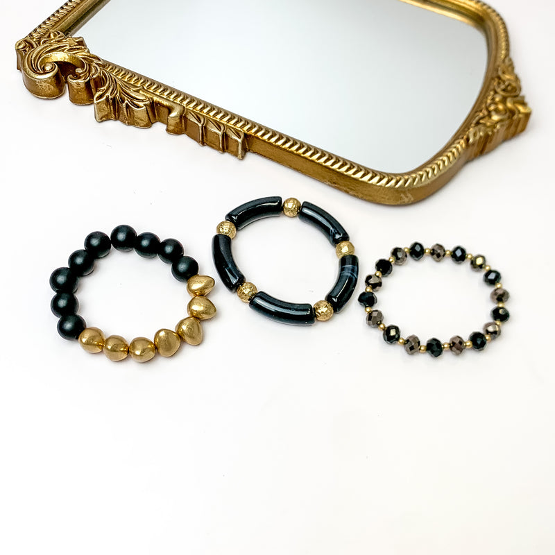 Set of Three | Island Dream Crystal and Marble Beaded Bracelet Set in Black