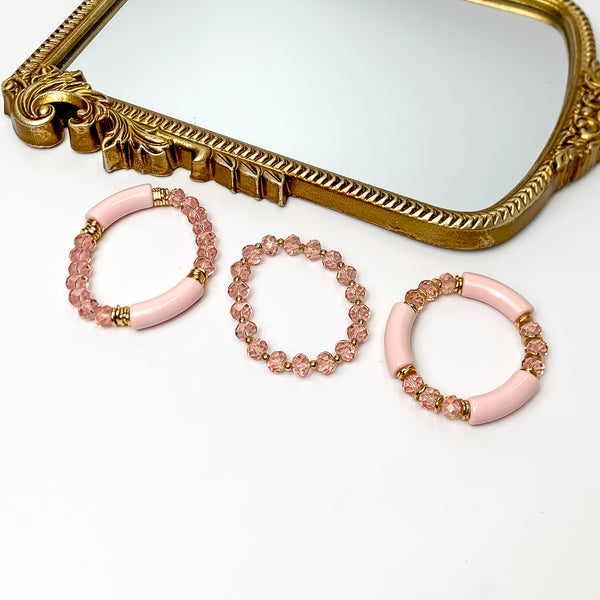 Set of Three | Sunny Bliss Crystal Beaded Bracelet Set in Light Pink