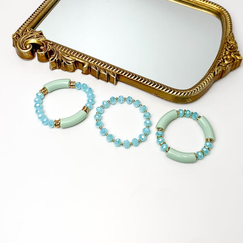 Set of Three | Sunny Bliss Crystal Beaded Bracelet Set in Light Blue