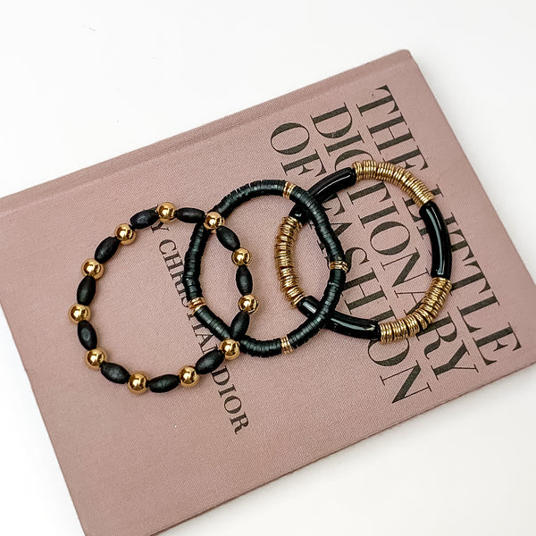 Set of Three | Goldie Goddess Tube and Beads Bracelet Set in Black