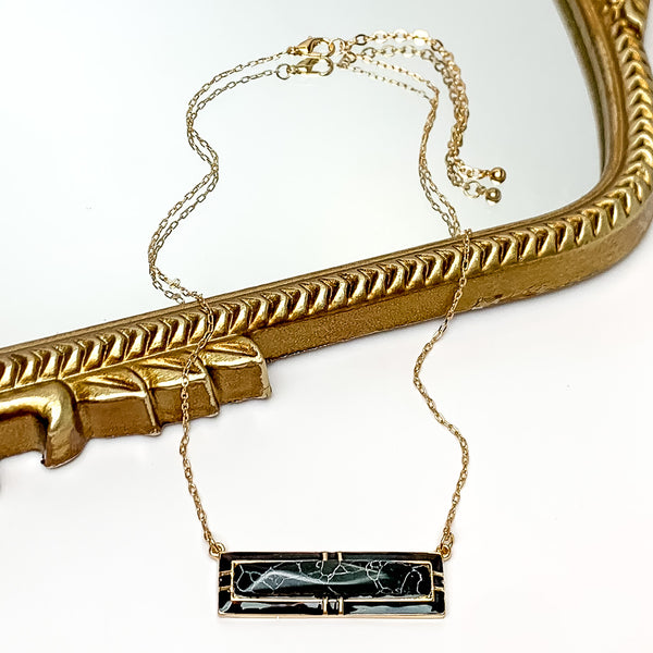 Everyday Gold Tone Chain Necklace With Rectangular Pendant in Black Marble