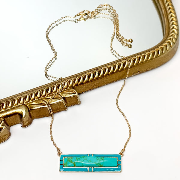 Everyday Gold Tone Chain Necklace With Rectangular Pendant in Turquoise