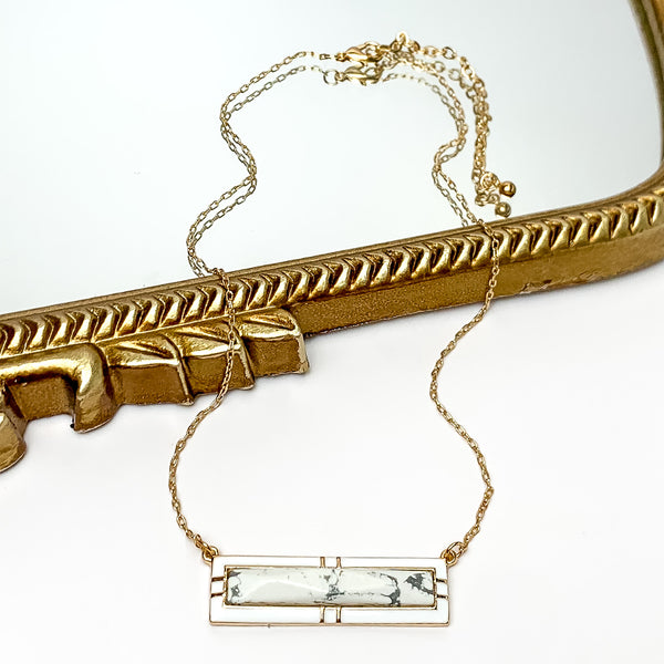 Everyday Gold Tone Chain Necklace With Rectangular Pendant in White Marble