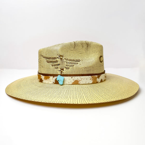 Cow Print Hat Band with Faux Turquoise Charm in Brown, Tan, and Ivory