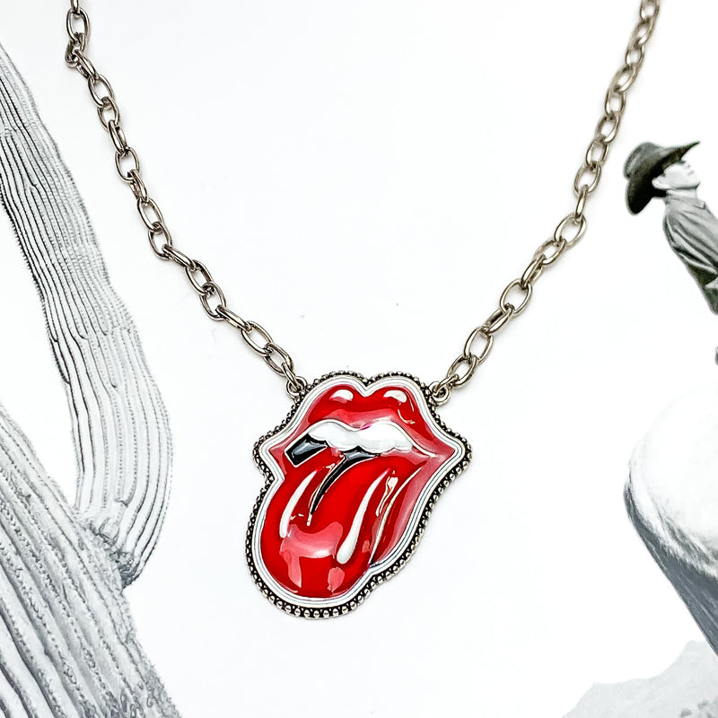 Bold Red Tongue Pendent on Silver Tone Necklace