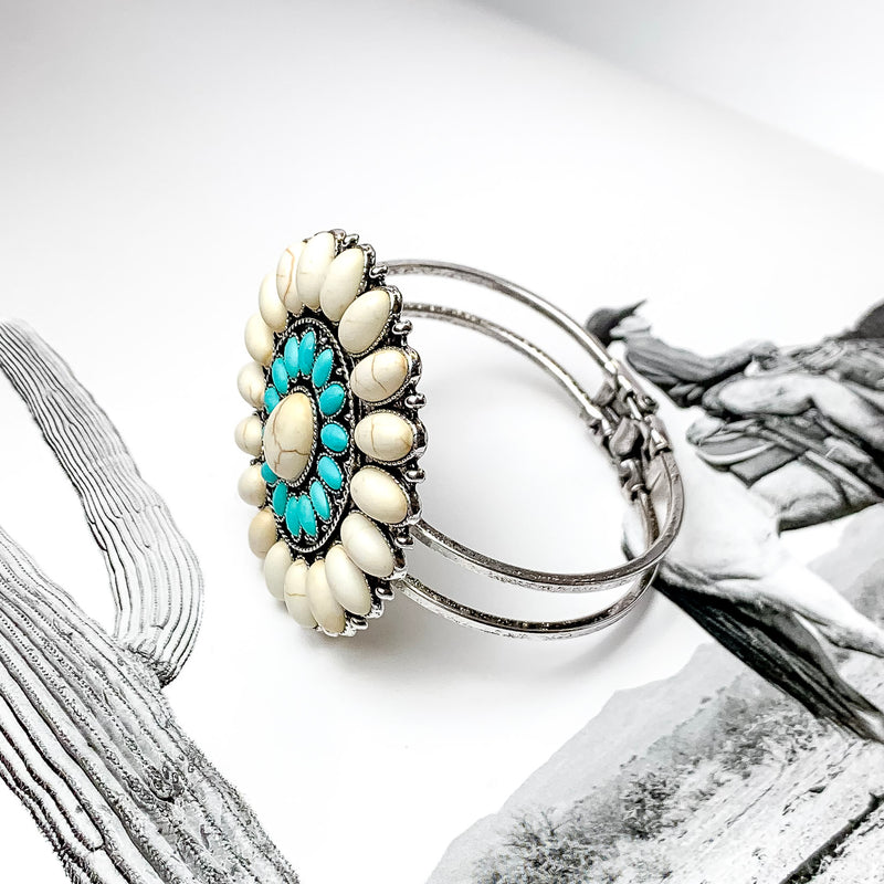 Ivory and Turquoise Oval Stone Concho Hinge Cuff Bracelet