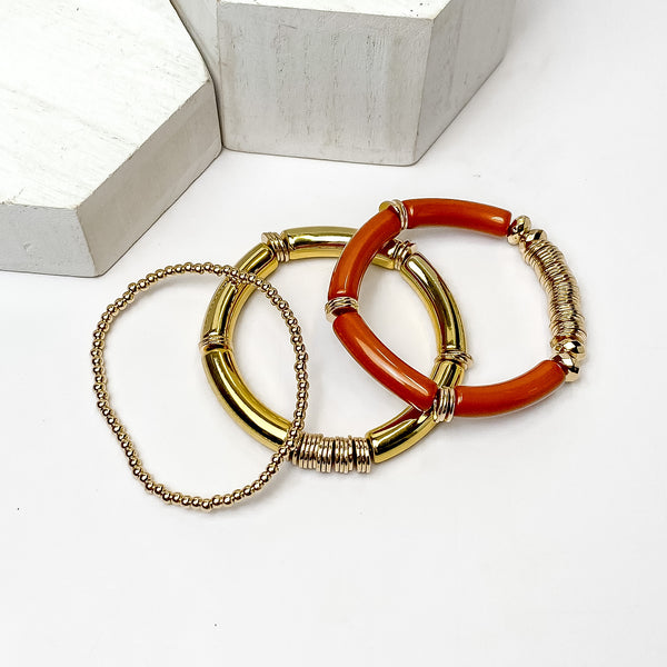 Set of Three | Bahama Nights Gold Tone Tube Bracelet Set in Burnt Orange
