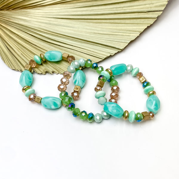Set of Three | Coastal Charm Crystal and Marble Beaded Bracelet Set in Mint Green