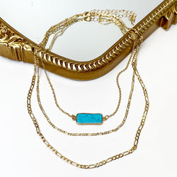 Turquoise Stone Pendant Gold Tone Chain Three layered Necklace