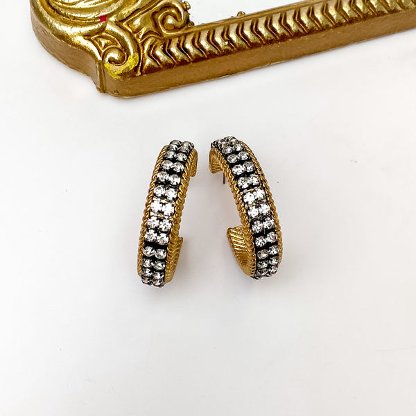 Clear Crystal Inlay and Gold Tone Hoop Earrings with Black Setting