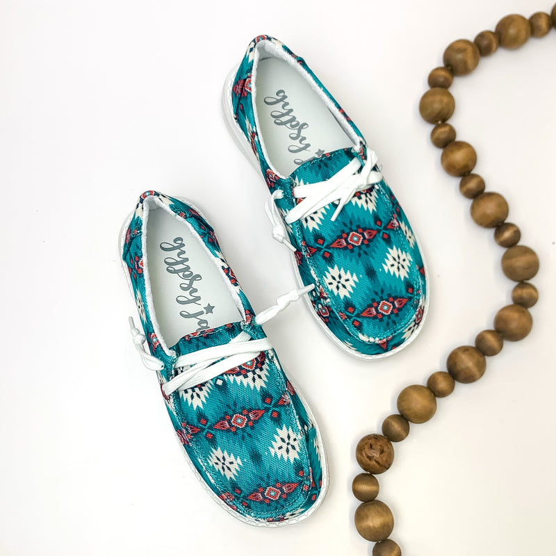 Very G | Have To Run Slip On Loafer with Laces in Turquoise Blue Aztec Print