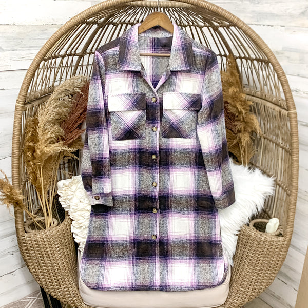 Full Length Button Up Flannel Dress in Purple Buffalo Plaid