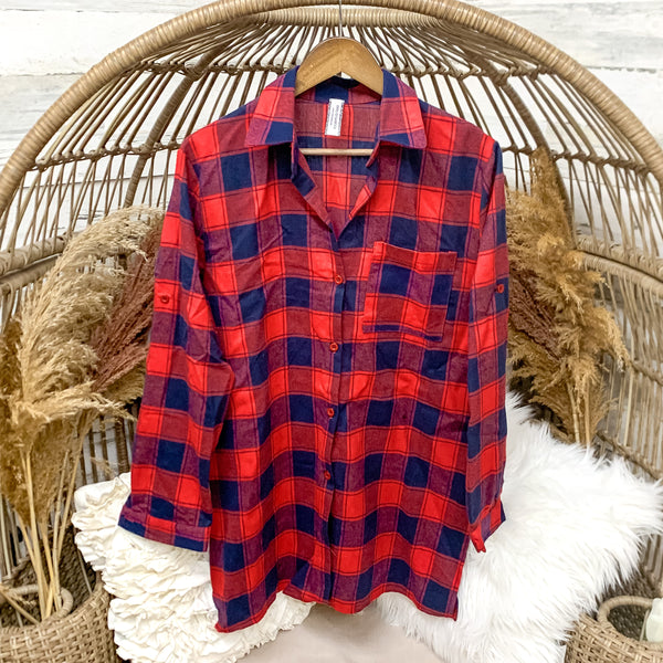 Red and Navy Blue Button Up Flannel