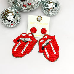 Seed Beaded Lip and Tongue Post Earrings in Red