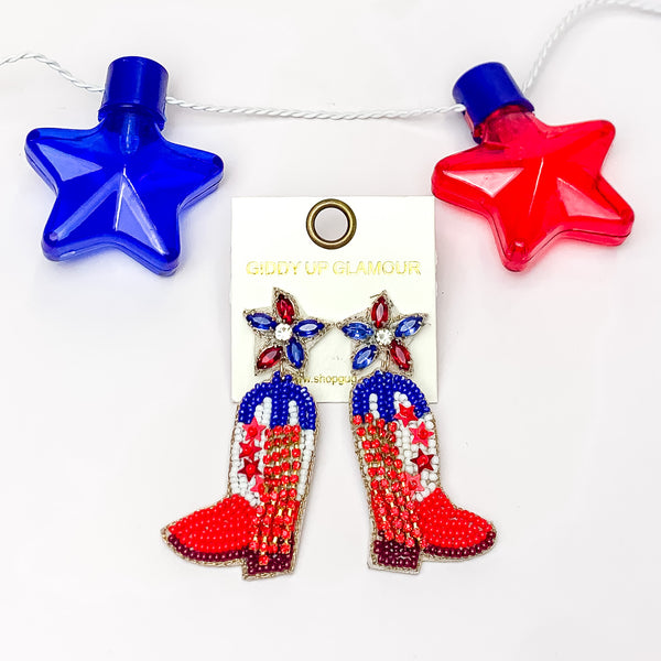 Patriotic Beaded Boot Earrings with Blue and Red Crystals