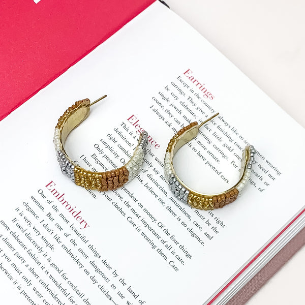 Vacay Era Gold Tone Beaded Hoop Earrings in Neutral Tones