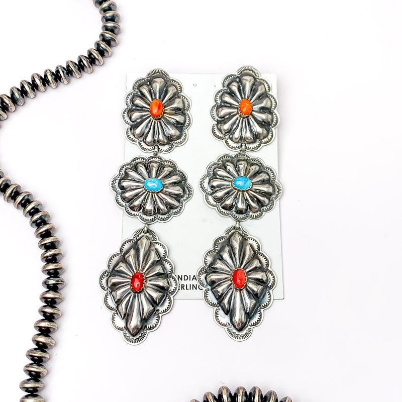 RL Begay | Navajo Handmade Sterling Silver Concho Drop Earrings with Turquoise Red, and Orange Stones