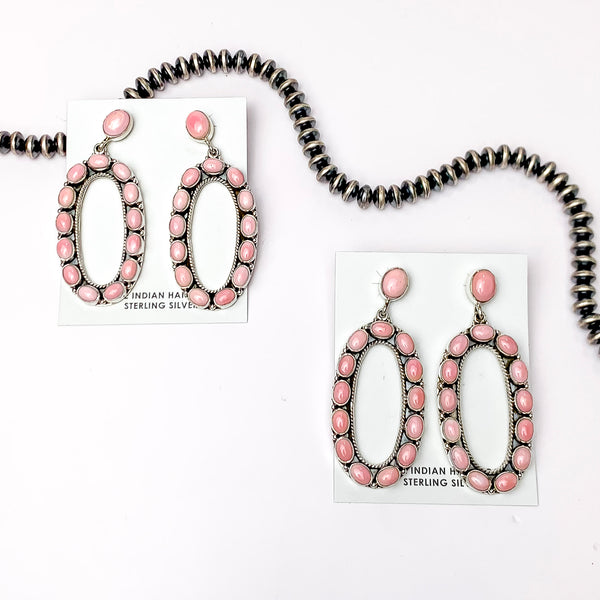 Navajo | Navajo Handmade Sterling Silver Oval Drop Earrings with Pink Conch Stones
