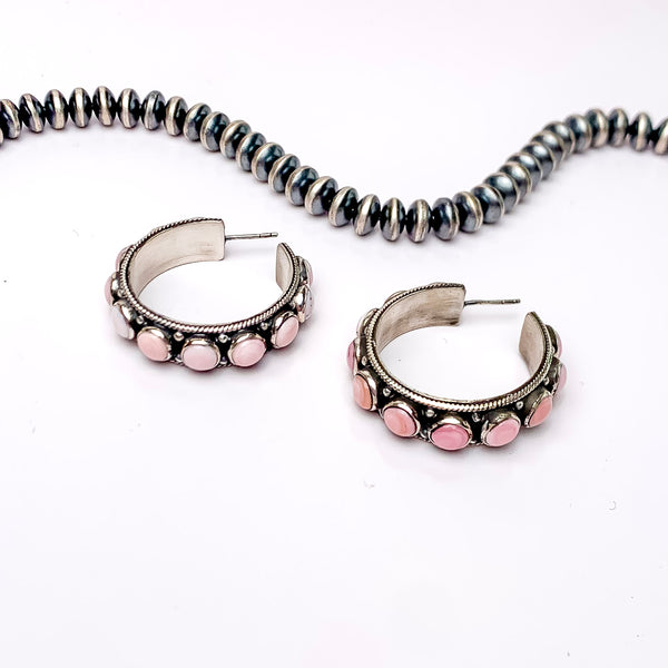 Navajo | Navajo Handmade Genuine Sterling Silver Hoops with Conch Pink Stones