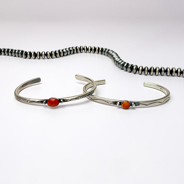 Navajo | Navajo Handmade Detailed Sterling Silver Cuff with Center Red Coral Stone