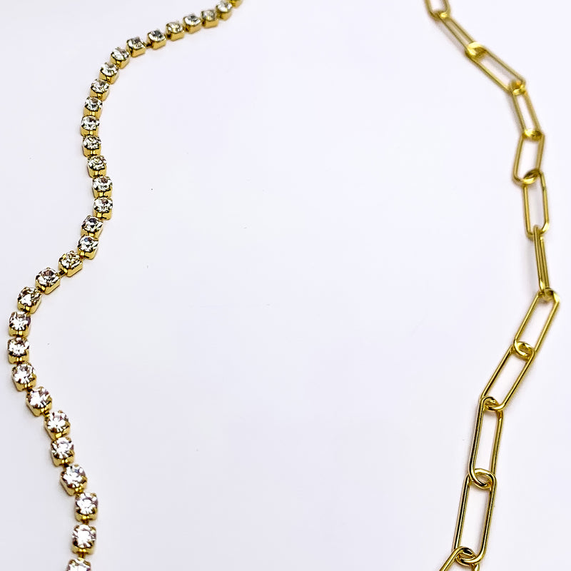 Gold Dipped Necklace Split With Clear Crystals and Chain