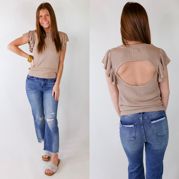 Coffee Date Knit Top With Ruffled Sleeves in Mocha