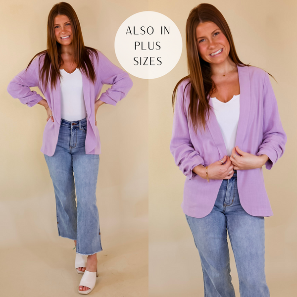 Promise Me Open Front Linen Blazer in Lavender Purple